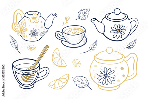 Tea Party Delights: Exquisite illustrations showcasing the timeless allure of tea, featuring elegant teapots, delicate cups, and refreshing lemon slices, evoking a sense of tranquility and warmth.