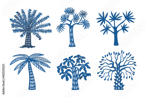 Collection of Tree Silhouettes: A collection of meticulously crafted tree silhouettes, exuding natural serenity in a vibrant palette, each representing a unique species in artistic form. 