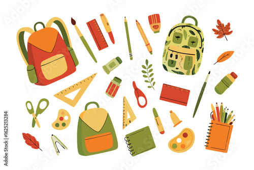 School Supplies Arrangement: An array of school essentials are arranged to welcome the school season, offering inspiration to begin a new year.