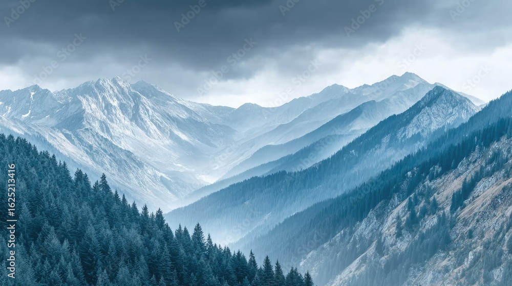 Obraz premium dramatic sky, glowing alpine light, vast panoramic view, untouched wildernessv