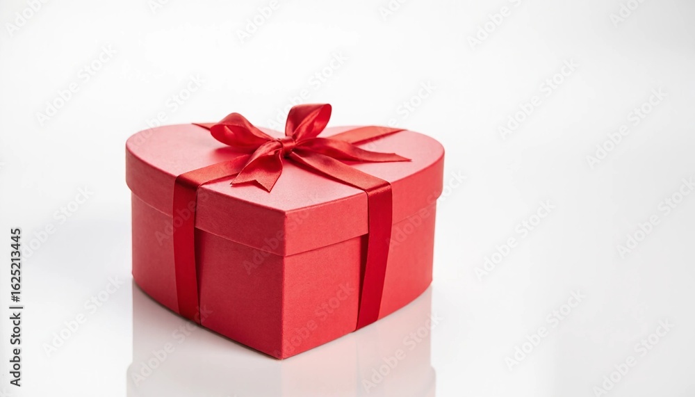 Obraz premium Vibrant red heart-shaped gift box with a satin ribbon on a reflective white background.
