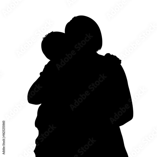 Silhouette of mother and child sharing tender embrace on white backdrop. Silhouette depicts parental love, affection, and intimacy between parent and baby.