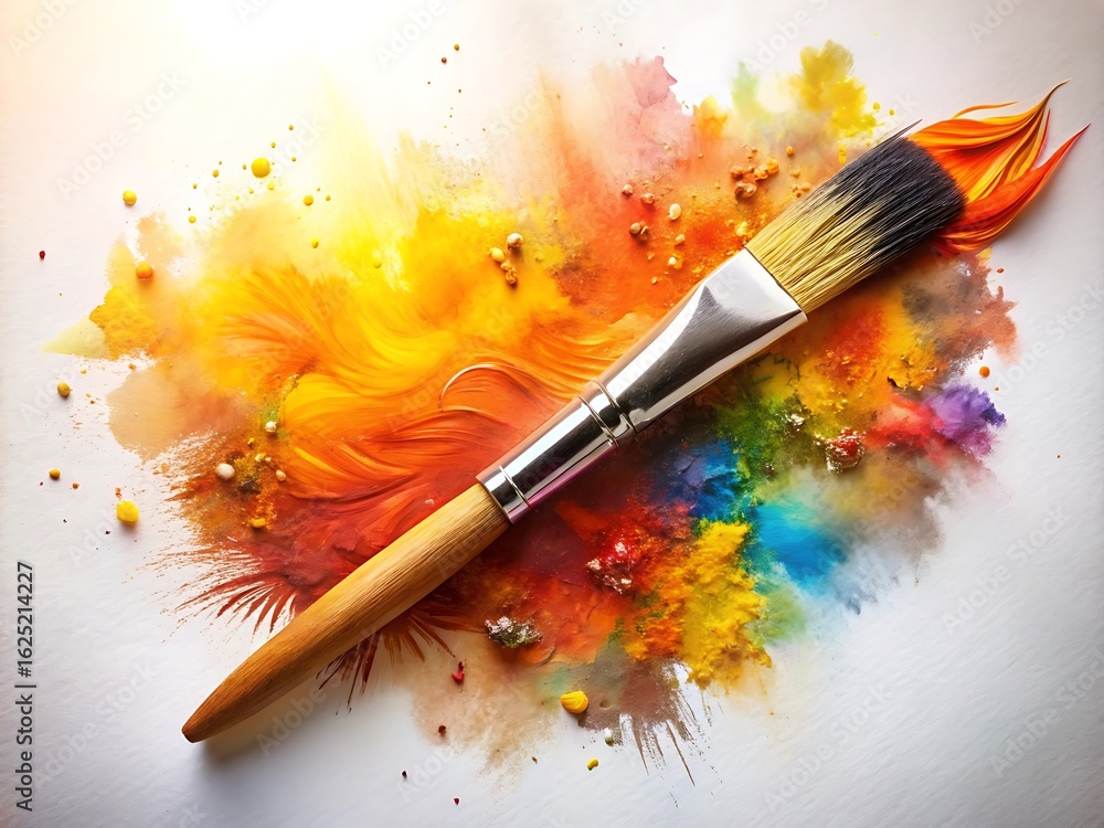 Fototapeta premium A vibrant paintbrush with colorful paint splatters, creating an abstract and artistic design, isolated on white background