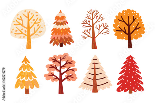 Assorted Trees: A collection of vibrant illustrated trees, each showcasing unique characteristics, adding visual appeal and artistic flair to any project. 
