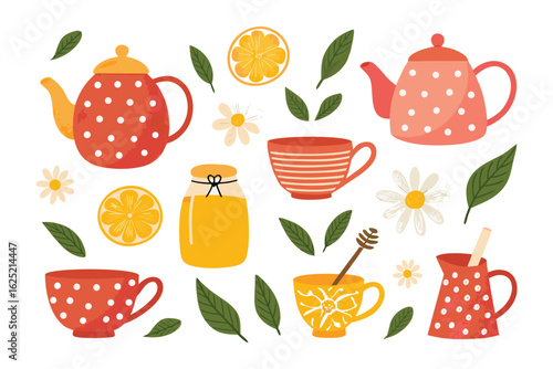 Tea time Delight: An inviting collection of tea essentials arranged with charming style. The illustration exudes warmth and inviting atmosphere, perfect for all your tea-related projects.