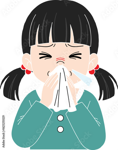 Child sneezing with tissue, health awareness, flu symptom, hygiene illustration, seasonal allergies prevention, wellness education, cartoon medical concept