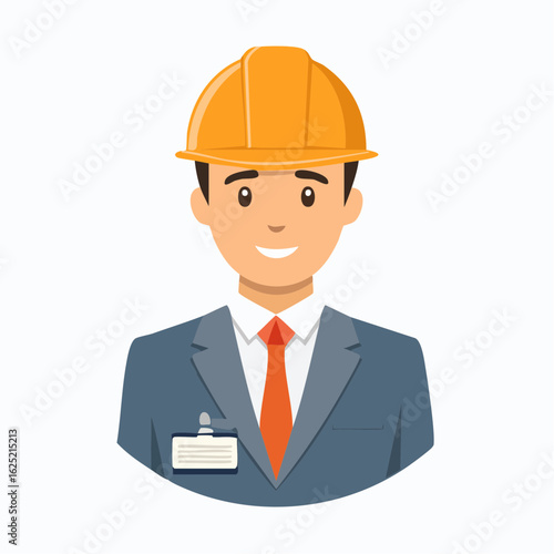 Smiling construction worker wearing a hard hat and professional attire, vector illustration