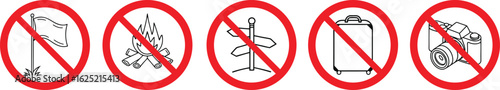 No camping, no fires, no clotheslines, no coolers, and no washing signs in red circle symbol set for rules, prohibition, and restricted area warning vector icons.