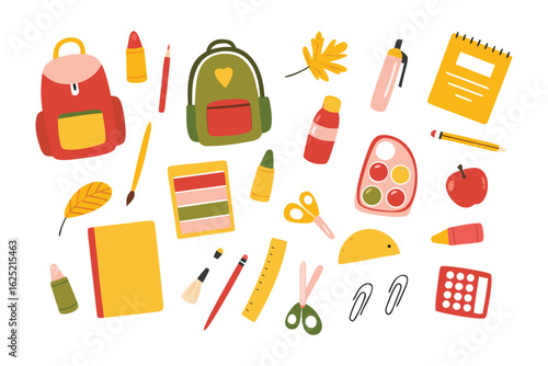 Back to School Essentials: A vibrant collection of school supplies, laid out neatly, ready to inspire and equip students for a new academic year.