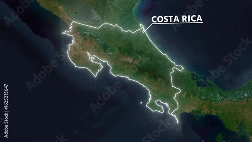 Zoom from Earth to Costa Rica. Glow outline map animation satellite view with highlighted country borders. Cinematic documentary 3d world map animation highlights aerial views, tourism, and travel. 4k
