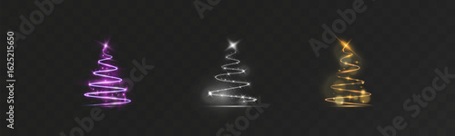 Set of glowing abstract Christmas trees in purple, white, and gold light spiral design with sparkles on transparent dark background.

