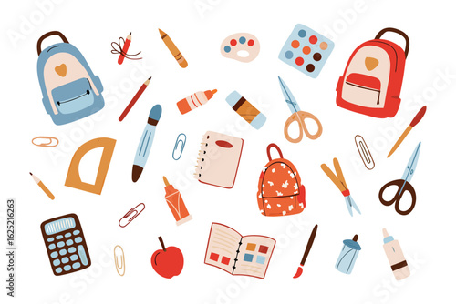 School Supplies in Harmony: A delightful arrangement of essential school supplies, including backpacks, pencils, and vibrant colors, lay in a joyful pattern.