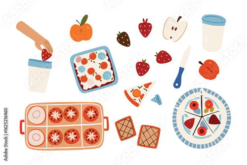 Culinary Assembly: A delightful arrangement of fresh, colorful fruits, vegetables, and culinary components, artfully composed for a tempting visual experience.