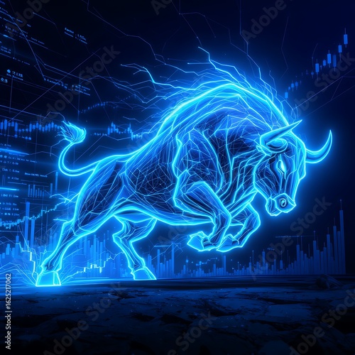 Dynamic neon bull charges forward with electric energy against futuristic financial data charts