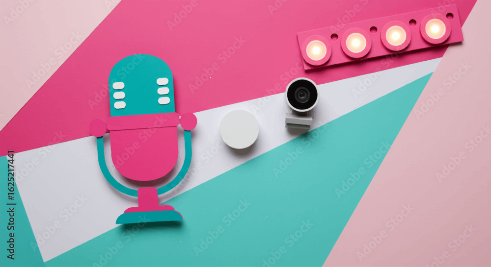Fototapeta premium Colorful Streaming Gear with Microphone, Webcam, and LED Lights on Striking Pink and Teal Surface