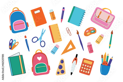 Back to School Essentials: A vibrant collection of colorful school supplies, ready to inspire and equip students for a year of learning and creativity.