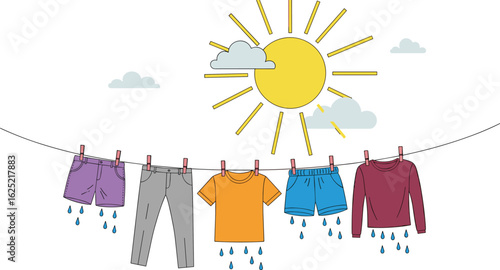 Wet clothes hanging on clothesline, drying under sun, eco laundry method, outdoor scene, cartoon illustration, sunny day, fresh air