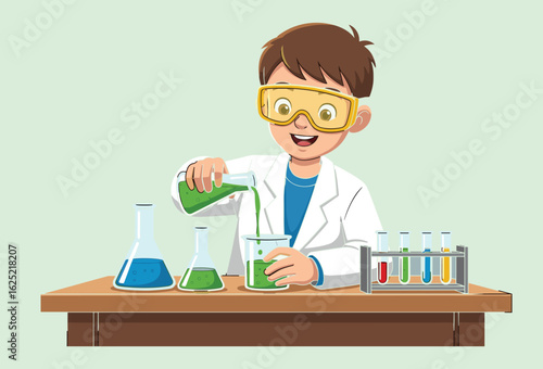 Young scientist pouring green liquid into beaker, child wearing lab coat, safety goggles, chemistry lab, science education, experiment, cartoon illustration