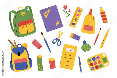 School Supplies: A vibrant collection of essential school supplies, pencils, erasers, notebooks, glue, and brushes, arranged against a clean backdrop, ready to inspire creativity.
