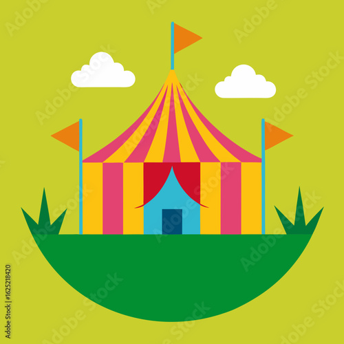 Colorful circus tent with flags and clouds on a green background
