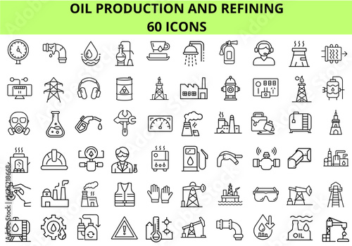 Oil production and refining icons in flat design style  