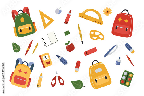 School Supplies' Array: A colorful arrangement of school essentials, including backpacks, rulers, and pencils, scattered across the image, offering a vibrant reminder of the academic journey. 