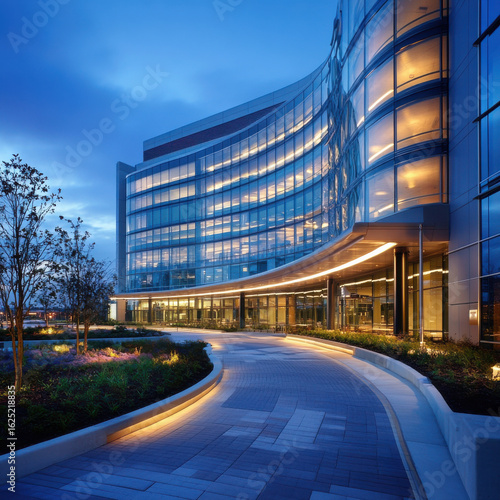 Modern hospital building with illuminated pathway at dusk
