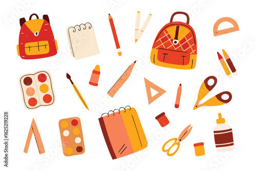 Creative School Supplies: An inviting assortment of school supplies, including notebooks, pencils, backpacks, and art materials.