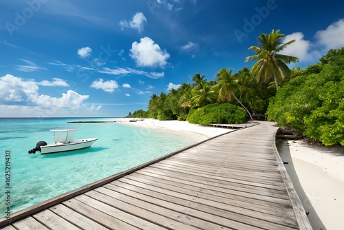Fototapeta Naklejka Na Ścianę i Meble -  Wooden boardwalk leads to a pristine white sand beach with turquoise water and a boat in the maldives