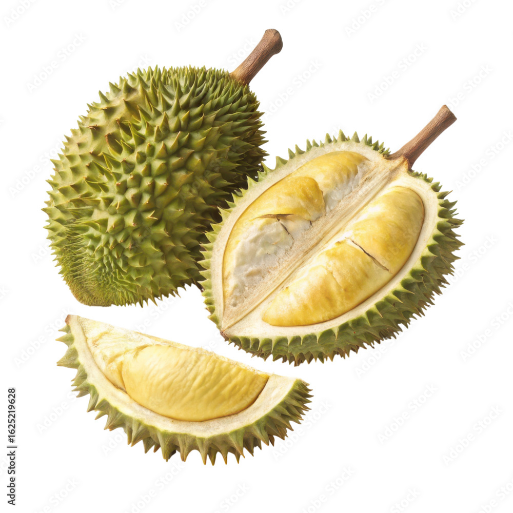Fototapeta premium Whole and cut durian fruit with a slice isolated on transparent background
