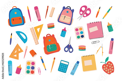 Back to School: A vibrant collection of essential school supplies. This image is a playful arrangement, ideal for educational content.