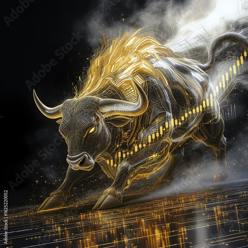 Dynamic golden bull charging forward with futuristic circuits and rising stock market graph