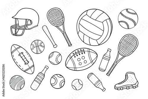 Sport Equipment Set: A set of sports equipment for various outdoor games and activities, illustrated in a clean, graphic style, perfect for illustrating the essence of sport.