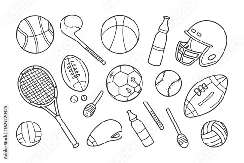 Sporting Gear Doodle: A diverse collection of illustrated sports equipment, meticulously hand-drawn. Each item invites the viewer to embrace physical activity and the thrill of competition. 