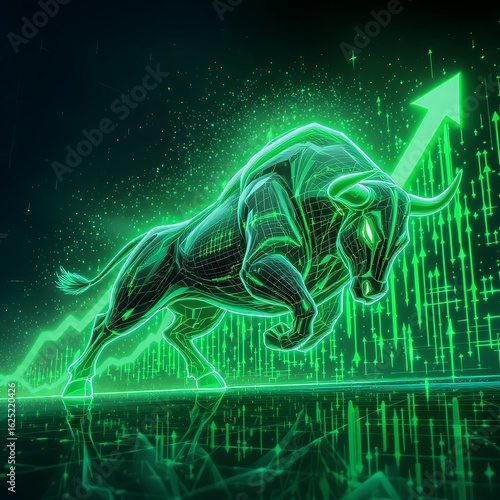 Dynamic bull charging forward with green upward trend arrow, symbolizing financial growth and success