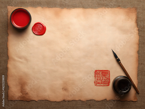 Vintage Calligraphy Writing Materials: Paper, Ink, Brush, and Sealing Wax Stationery Collection