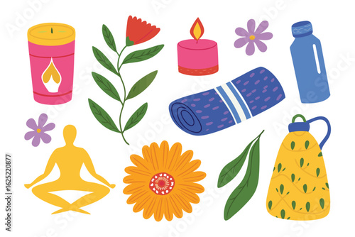 Yoga Essentials: A curated collection of essential items for a calming and restorative yoga practice, including candles, a yoga mat, and flowers