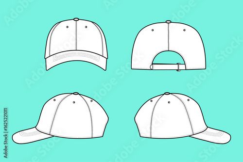 Headwear Baseball Cap Fashion Flat Sketch Vector Illustration Template Front Back and Side Views.
