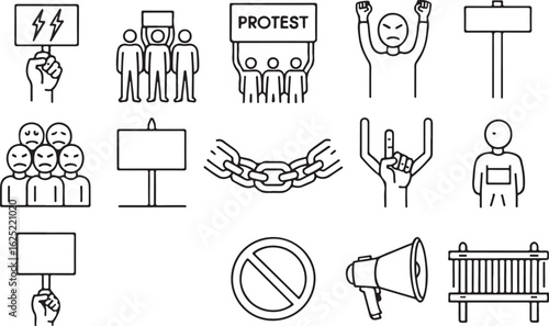Protest and activism concept line icon set. Collection of symbols for demonstration, revolution, social justice, and civil rights.