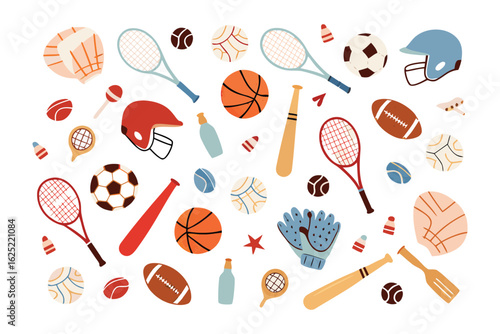 Assorted Sport Equipment Collection: A vibrant compilation of essential sports equipment, meticulously arranged, representing the diverse world of athletic endeavors.