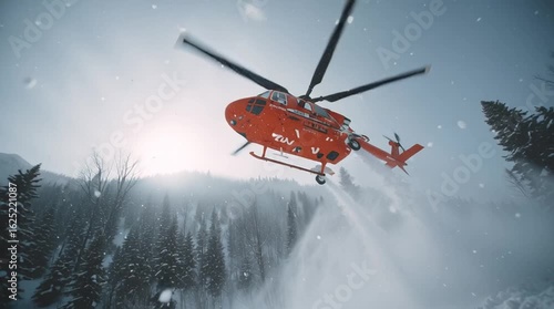 Red rescue helicopter flying over snowy winter forest with cold snowflakes falling and bright sunlight shining through trees during emergency rotor operation in deep snow