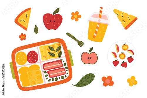 Lunchbox Delight: A vibrant overhead shot unveils a visually pleasing lunchbox, brimming with a colorful array of nutritious snacks, perfectly complementing a wholesome meal.