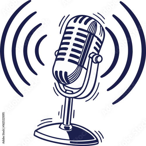 Vintage Microphone with Radio Waves – Podcast and Broadcasting Icon