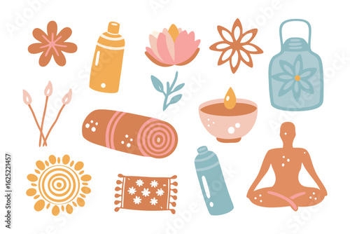 Yoga and Wellness Collection: An assortment of hand-drawn yoga and wellness elements, artfully arranged on a seamless layout. Capturing peace, nature and mindfullness. 