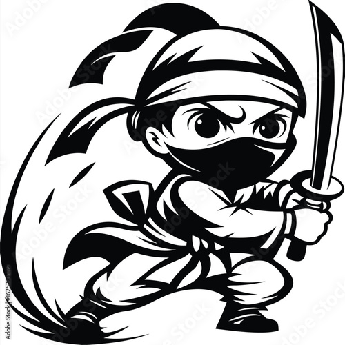 Determined Asian ninja warrior brandishes a katana while preparing for battle in stylized silhouette