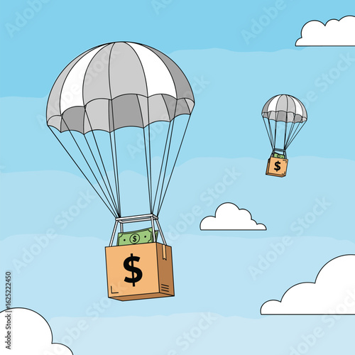 Financial aid descending from the sky via parachutes with money boxes in blue sky
