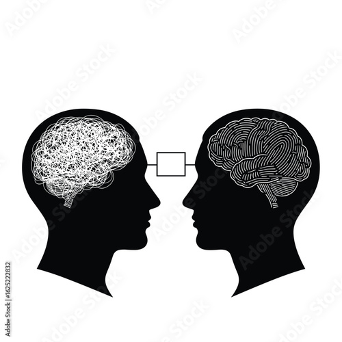 Two silhouetted heads showing brains connecting through abstract link