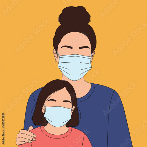 Mother and daughter wear face masks standing together protection against illness and germs