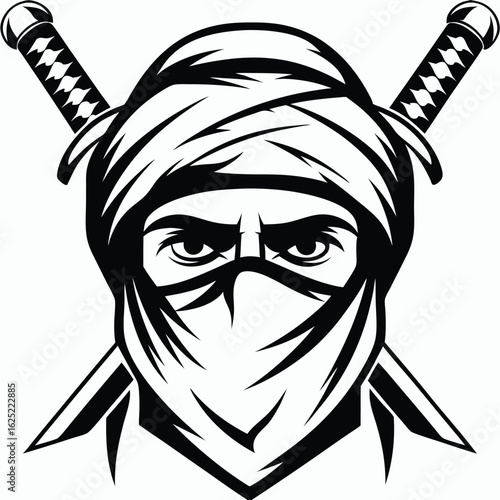 Determined ninja warrior stares forward with crossed swords displayed behind him in monochrome
