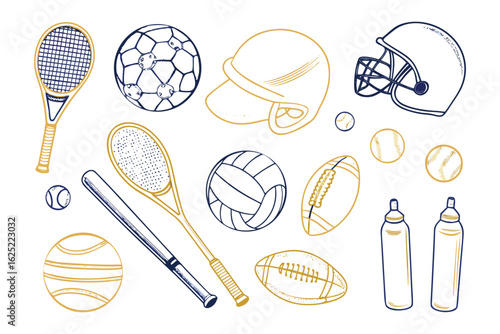 Sports Essentials: A collection of sports equipment, from tennis rackets and baseballs to footballs and water bottles, arranged in a visually engaging and dynamic composition. 